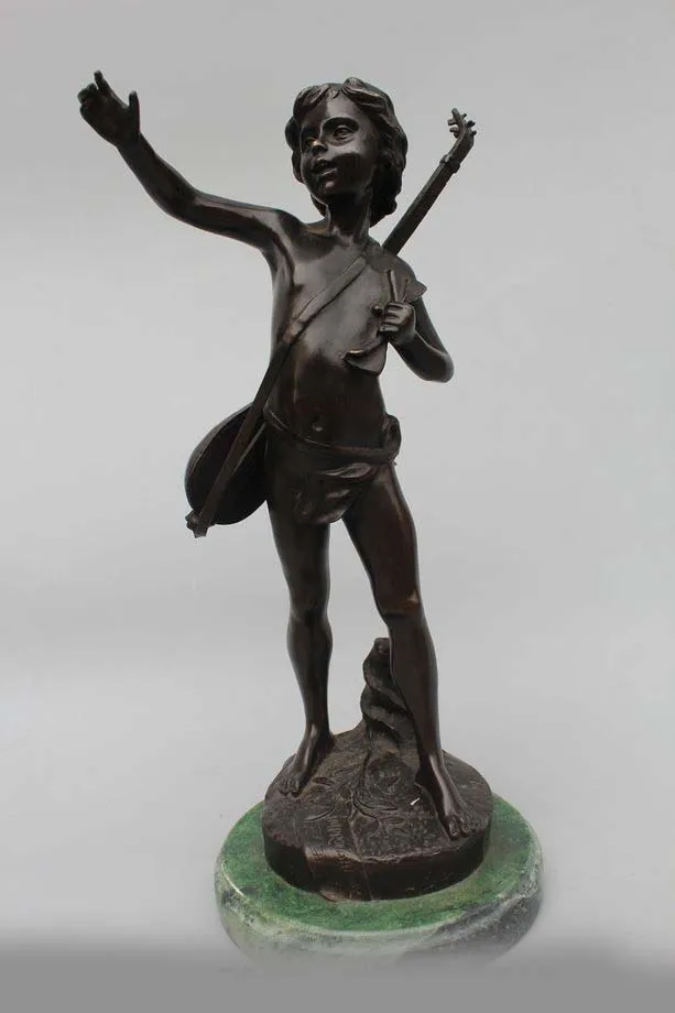 

15"Western Art sculpture Bronze Marble Guitar Guitarist Boy sculpture Statue