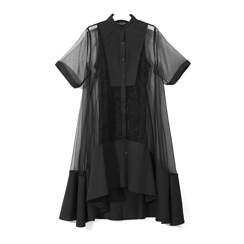 [EAM] Новое весенне-летнее платье с воротником-стойкой и коротким рукавом, зеленое платье из органзы с неровным подолом, женское модное платье из двух частей JT581 - Цвет: black