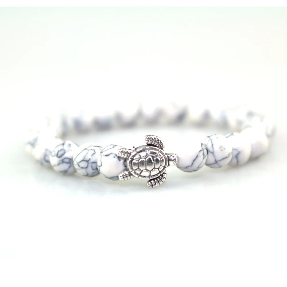 

2018 Fashion Women Charm Beaded Bracelets White Pine Stone Wiht Cute Silver Turtle Alloy Bracelet Couples Natural Bracelets