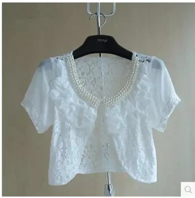 

White Women Short Sleeve Beaded Shrug Bolero Lace Wedding Bridal Summer Jacket Elegant Cape Sun Protection Clothing