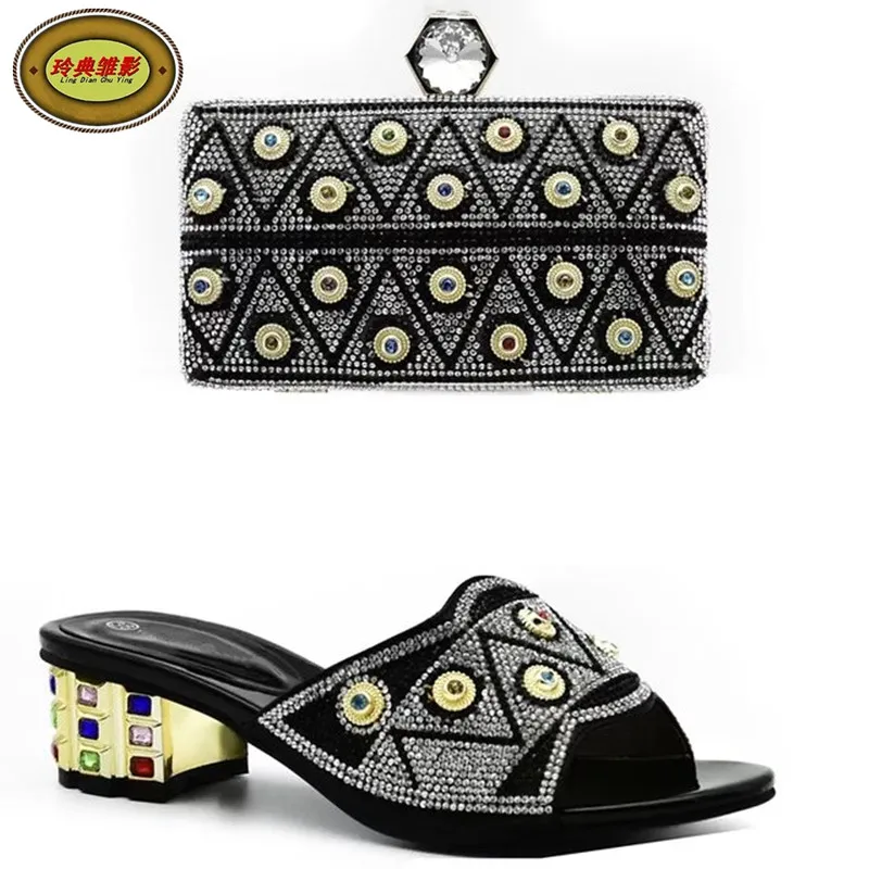 

DS14 Popular Design Sandal High Heels And Bag Nice Looking African Woman Shoes Matching Bag Set With Stones Free Shipping