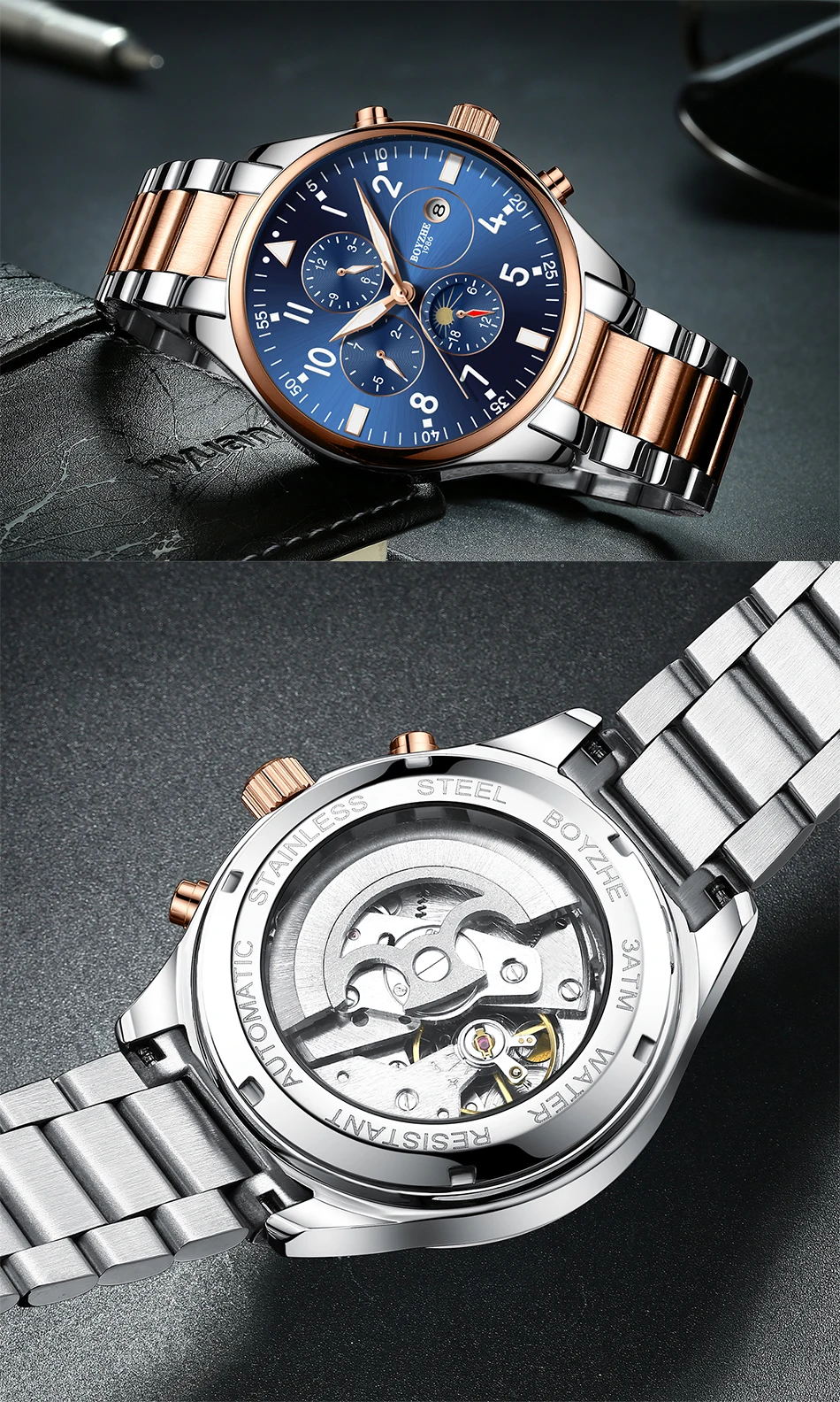 Манера Automatische Mechanische Uhr Модный повседневный Золотой Leucht Edelstahl Военный Спортивный Selbst ветер Uhren Relogio Masculino