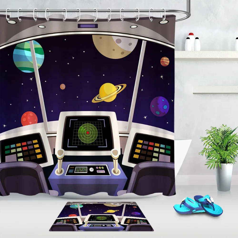 

LB Milky Way Spacecraft Saturn Mars Planet Shower Curtain Bathroom Curtains Waterproof Polyester Fabric for Bathtub Home Decor