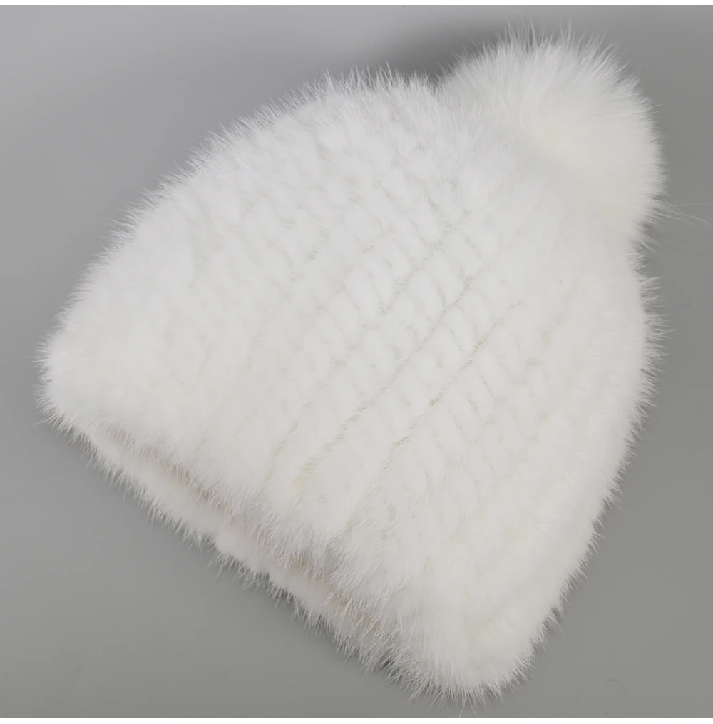 Lovely Real Mink Fur Hat Women Winter Knitted Real Mink Fur Beanies Hats With Fox Fur Pom Poms New Thick Real Mink Fur Cap