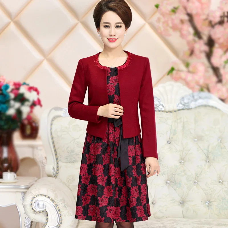 

Elegant Party Short Mother of the Bride/Groom Dresses Outfits Suit with Jacket Coat Formal Dresses Mamm vun de Braut Kleeder