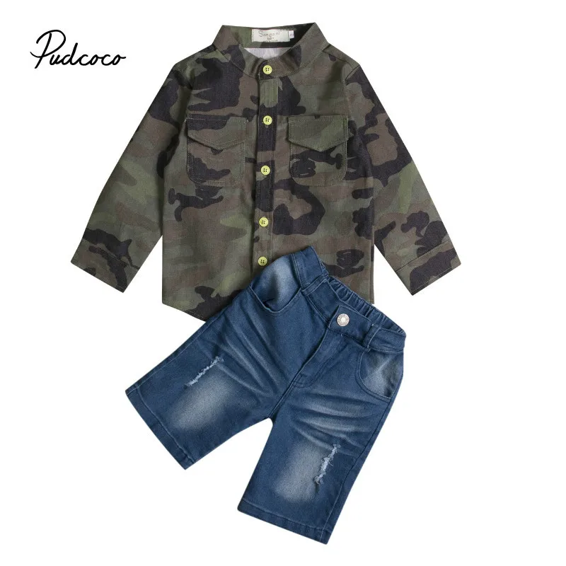 Детская одежда для весны и осени комплект детская одежда с длинными рукавами камуфляжные, для мальчика, футболка+ джинсовые шорты комплект одежды из 2 предметов