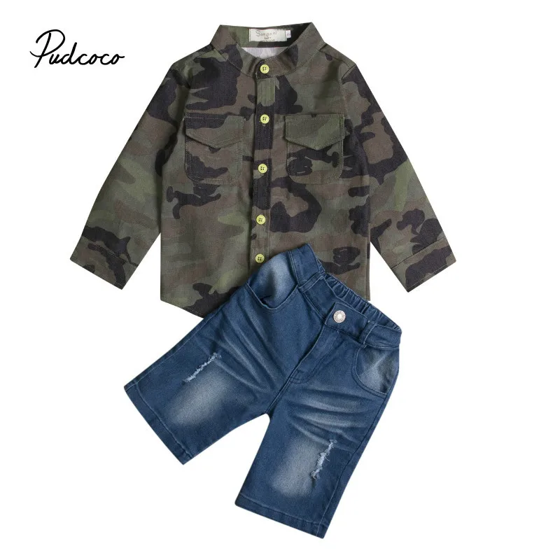 

Children Autumn Spring Clothes Set Kids Long Sleeve Baby Boy Camouflage T-shirt Shirt+Jeans Shorts 2pcs Outfits Set
