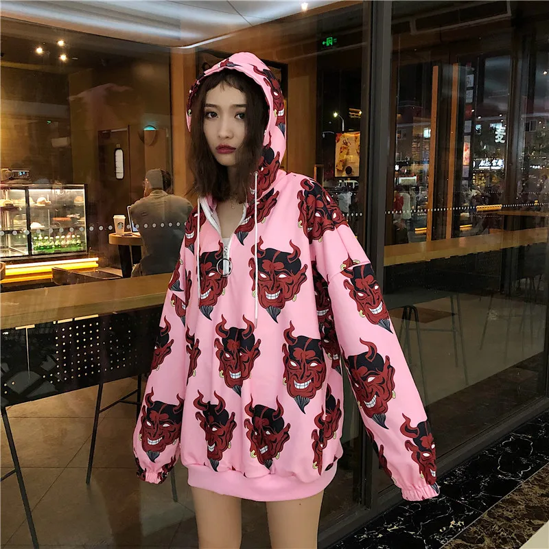 

Devil Sweatshirt Harajuku Hoodies Women Punk Rock Hip Pop Metal Ring Zipper Casual Loose Long Sleeve Hooded Pullovers Streetwear