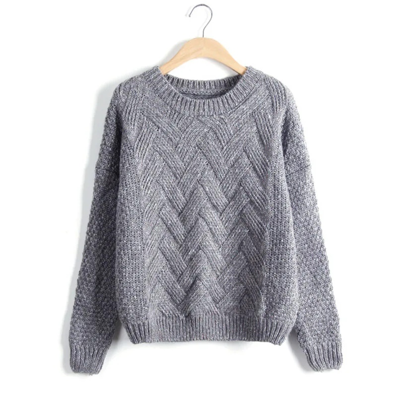 Пуловер для женщин, зимний однотонный пуловер с длинным рукавом и круглым вырезом, свободные женские свитера, зимний теплый джемпер, Повседневный свитер, пуловер - Цвет: Серый