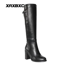 XAXBXC Зимние черные сапоги из искусственной кожи простой ремень подкладка длинные сапоги на высоком каблуке теплые Зимние женские ботинки ручной работы Повседневное леди обувь