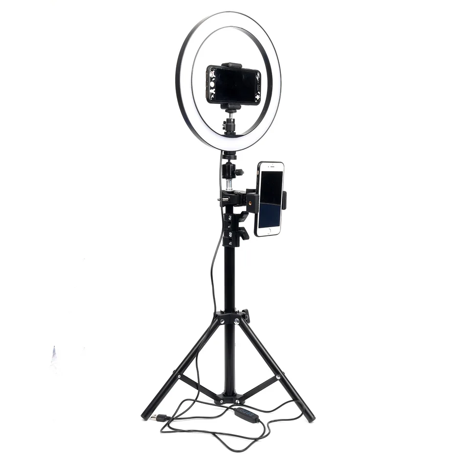 Светодиодный светильник с регулируемой яркостью 26 см для студийной фотосъемки, камеры, фото-телефона, видео-светильник со штативом, несколько держателей для мобильных телефонов