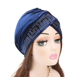 Новая мода Для женщин тюрбан rhinestoned вельветовый тюрбан мягкая шапочка для душа Головные уборы хиджаб Шапка-бини Turbante головная повязка