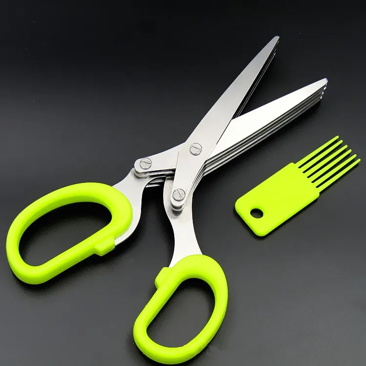 

Multipurpose Home Restaurant Cooking Stainless Steel Fruit Vegetable 5 Level Blade Herb Scissors Kitchen Tool with Cleaning Comb