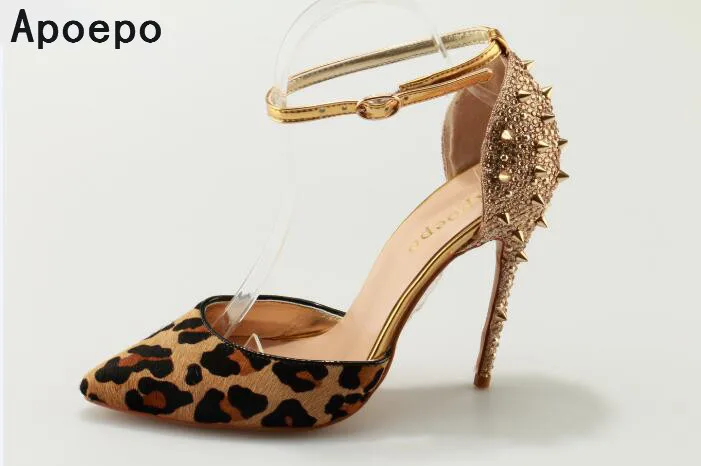 

New style women leopard high heel with pointed toe rivet decoration ladies party sexy closed-toe pumps ankle strap rivet shoes