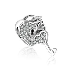 Новые серебряные бусины 925 пробы подходят оригинальные Подвески Браслеты ключ-сердце, замок болтается Шарм с голубым кубический циркониевый брелок