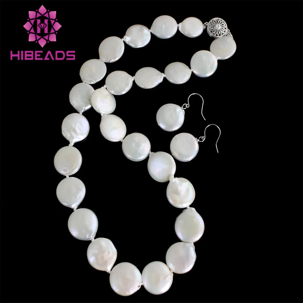 

Beautiful Coin Pearl Jewelry Set White Coin Pearls Necklace &Earrings In 925 Sterling Silver Clasp/Hook Wedding Jewelry FP010