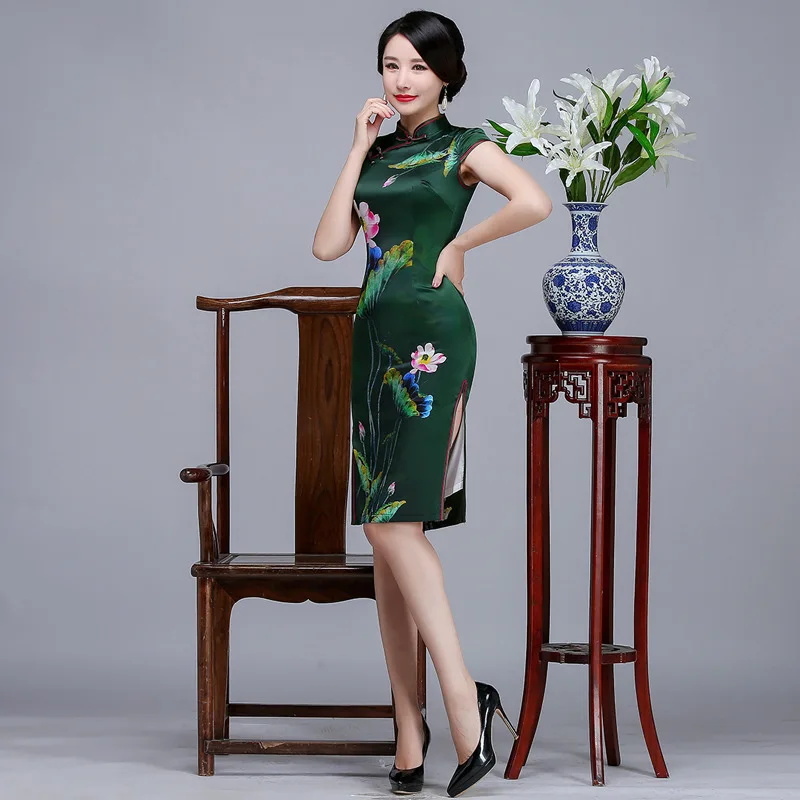 Зеленое китайское традиционное элегантное Qipao женское тонкое цветочное плюс размерное Ципао Повседневное платье Мандарин Воротник шелковое платье S-3XL
