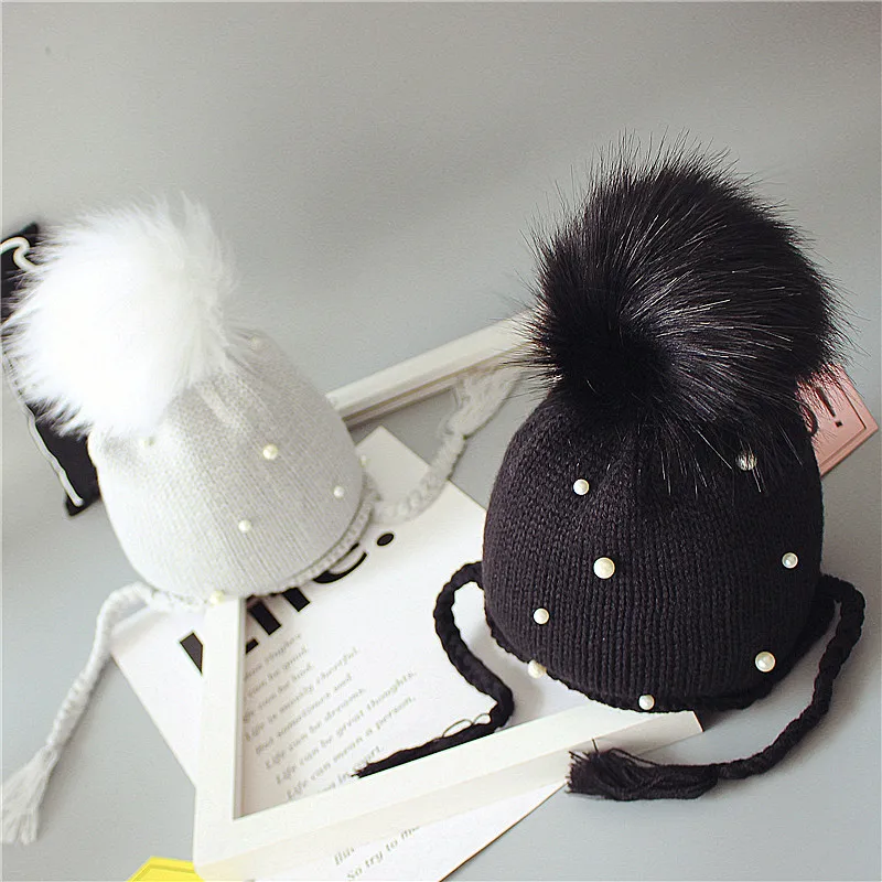 

2018 Arrival Cute Kid Babies Beanies Caps Child Crochet Winter Warm Knit Hats Cap Baby Boy Girls Beading Hair Ball Earbud Hat