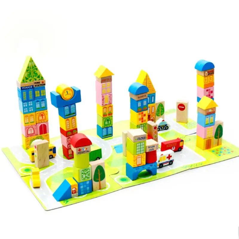 100pcs/set Cartoon City Traffic Wooden Building Blocks DIY Creative Kids Wooden Blocks Children Early Educational Toys Gift 200 sets of wooden pile two scenes bottled blocks children s early childhood educational toys
