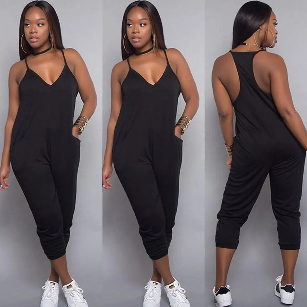 

Women Ladies Summer Fashion Causal Jumpsuits Sleeveless V-Neck Black Loose Backless Jumpsuits Romper Clothes