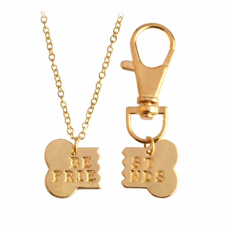 QIHE JEWELRY 2pcs/set Gold Silver Color Dog Bone Best Friends Charm Necklace & Keychain Handstamped BFF Bones Friendship Jewelry 26