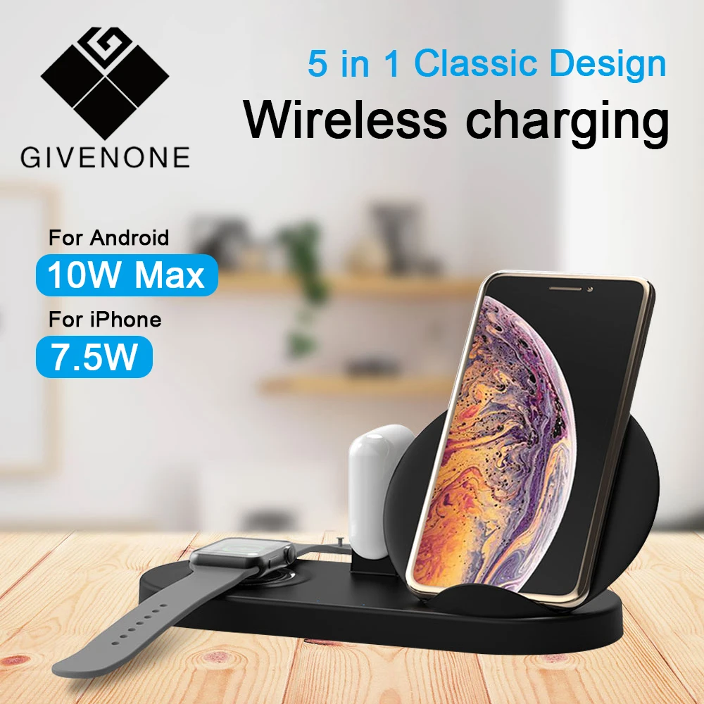 

GIVENONE 5 in1 Qi fast Wireless Charger phone stand for samsung for iPhone 8 XR AirPods Apple Watch 4 3 2 iPad dock holder