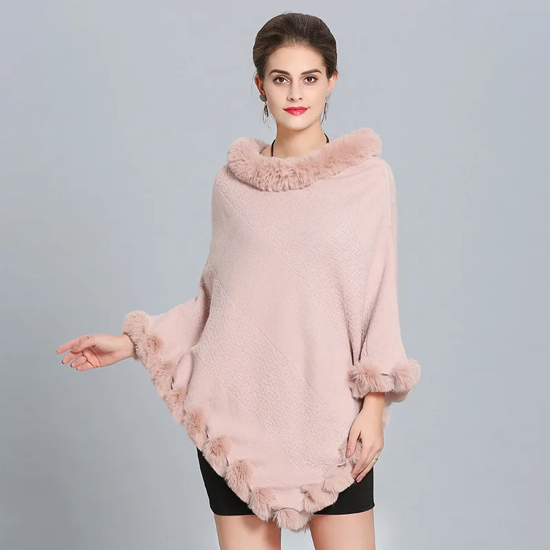 Women Capes Solid Poncho 2018 Winter Faux Fox Fur Out Street wear Knitted Triangle Fur Sweater Plus Size Pullover Coat Fur Neck