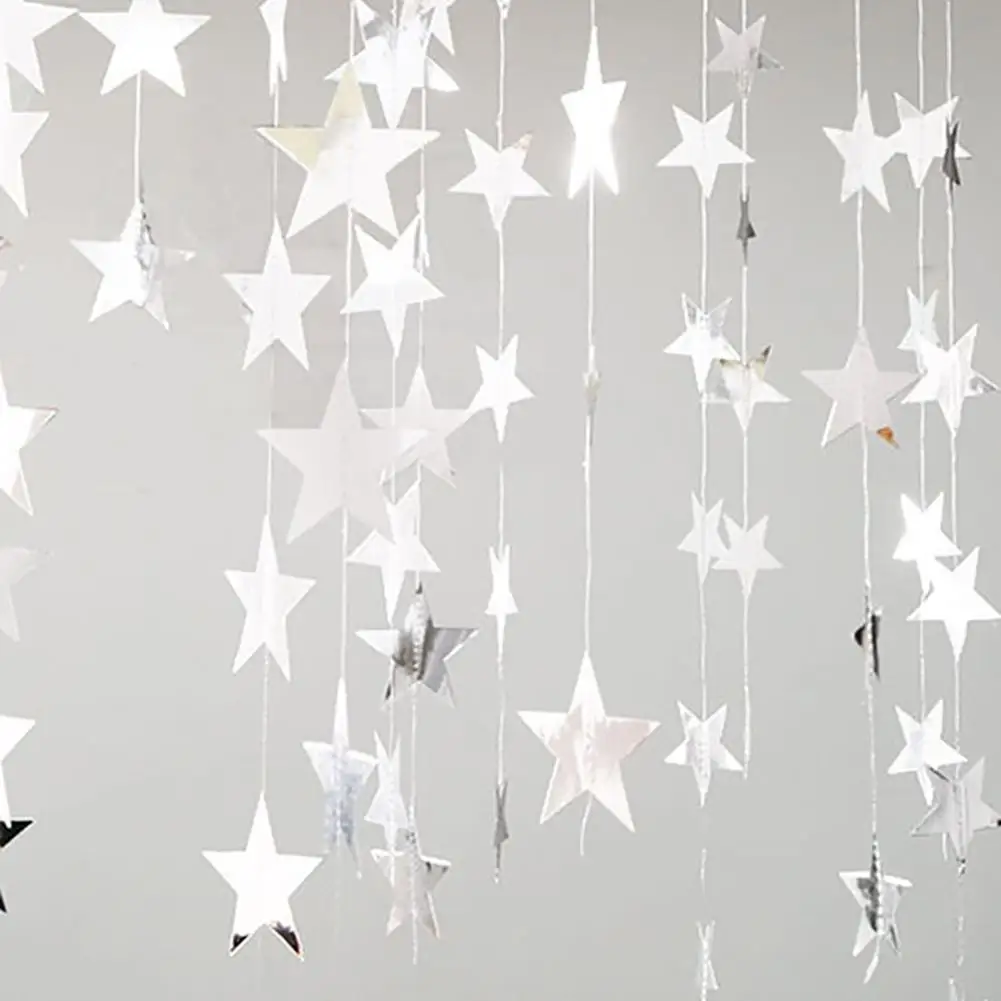 

4m Fashion Five-Pointed Stars Mirror Effect Hanging Paper String Party Home DIY Hanging Ornament Decor Silver Golden S L