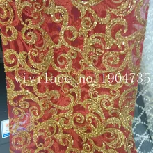 5 ярдов AYX012 Золотая ручная вышивка с блестками африканский индийский красный тюль сетка кружева для свадебного платья/вечернее платье, dhl