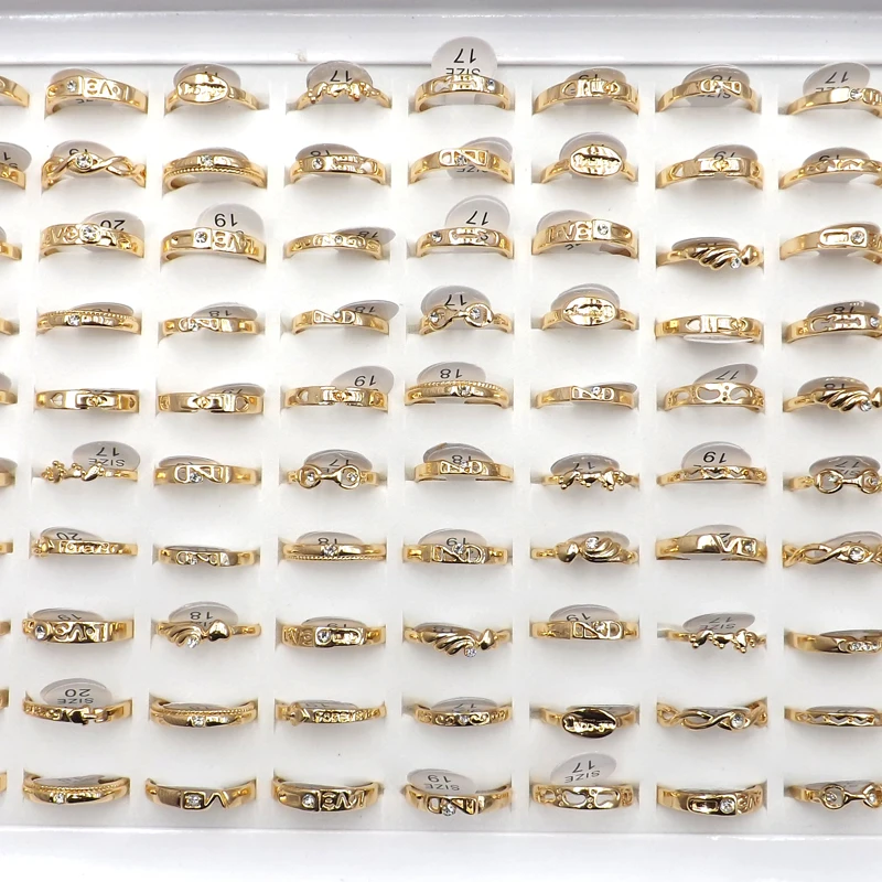 50 шт./лот, простые женские кольца золотого цвета на палец, циркониевый элемент, смешанный дизайн для влюбленных