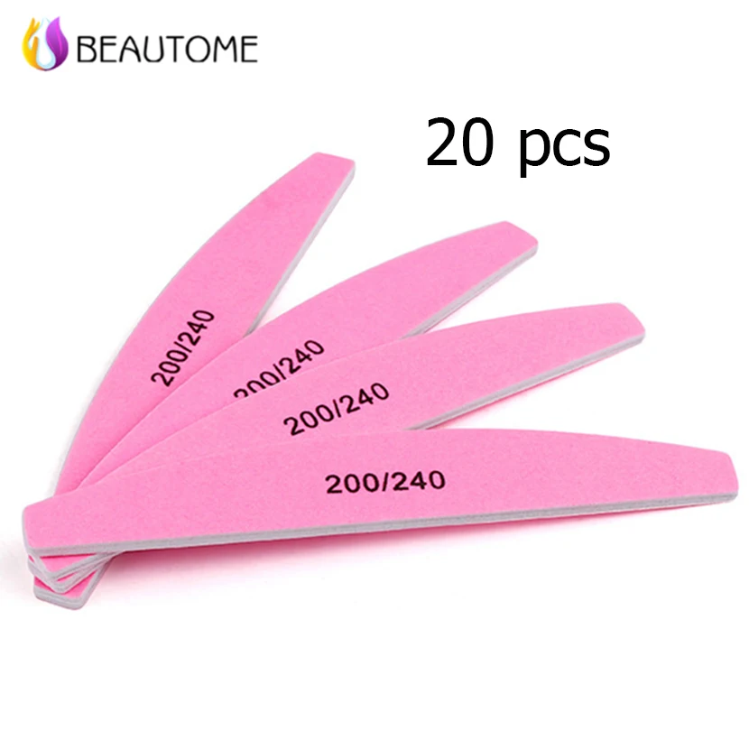 20 Pcs Nail Art Sanding Pink Nail File 200/240 Grit Buffer Polishing Semicircle Moon Strip For