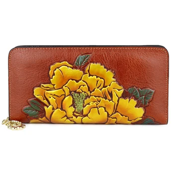 

New Fashion Women Long Wallets Dark Yellow Purses Genuine Leather Zipper Female Card Holder Wallet Luxury Ladies Coin Purse
