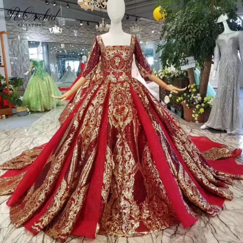 

PEORCHID Dubai Luxury Gold Sequin Evening Dress With Sleeves 2019 Keyhole Back Wine Red Arabic Formal Gowns Vestidos De Madrinha