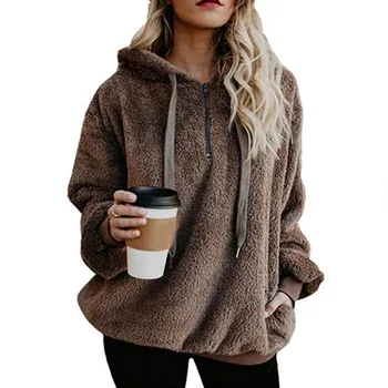 

Pullover Hoodie Sweatshirt Women Fluffy Fur Autumn Women Hoodie Long Sleeve Zipper Pocket Winter Sweatshirt Female Tops CDR92