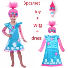 Новые платья комплект+ розничная парик тролля Детские костюмы для девочек карнавальные Детские костюмы Моана Vaiana платье вечерние платья