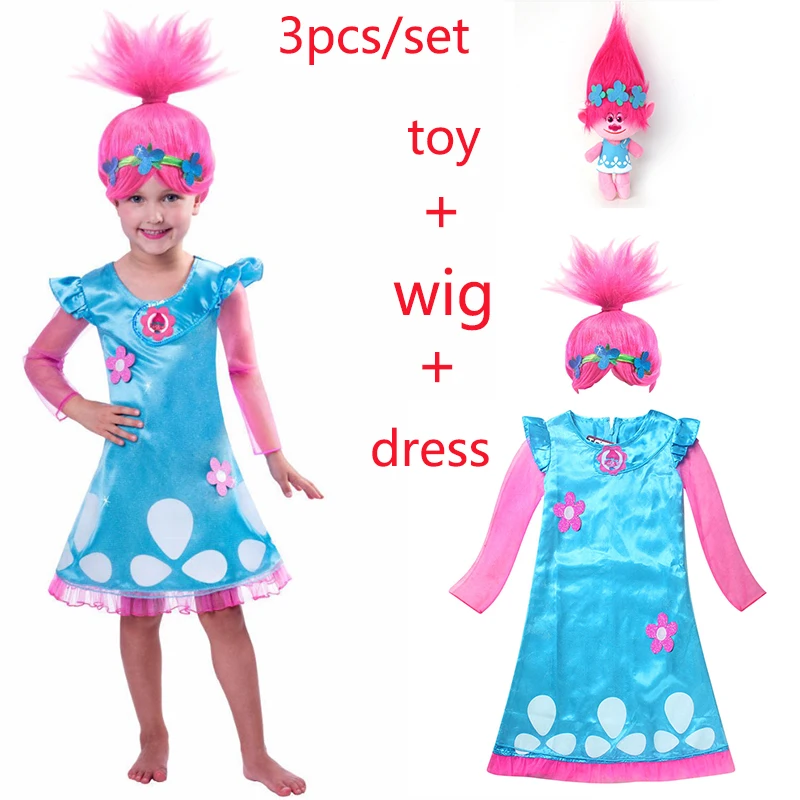 

2018 New dresses set +Retail Troll Wig Children Costumes For Girls Carnival Kids Costumes Moana Vaiana Dress Poppy Party Vestido
