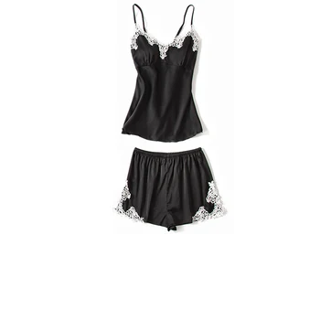 

Simulation Silk Summer Sleeveless Sling Camis with Shorts Pajamas Two Pc Suit Women Lace Design Nightdress Home Clothes Lingerie