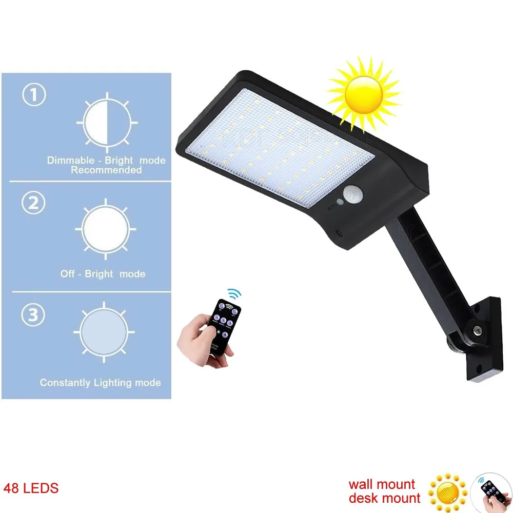 

desk wall mount remote control rotate bracket solar street light 48 LED Solar Light Three Modes Black White Waterproof Outdoor G