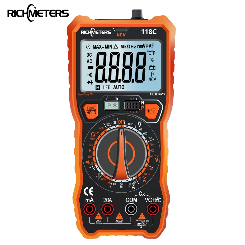 

RICHMETERS 118C 20A Digital Multimeter 6000 Counts NCV HFE True-RMS 100mF capacitance Magnet AC/DC Voltage Current Temperature