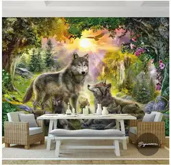 High end Пользовательские 3d обои 3d настенные фрески обои Sunshine зеленый лес Серый Волк Дикая собака животного Пейзаж роспись стены