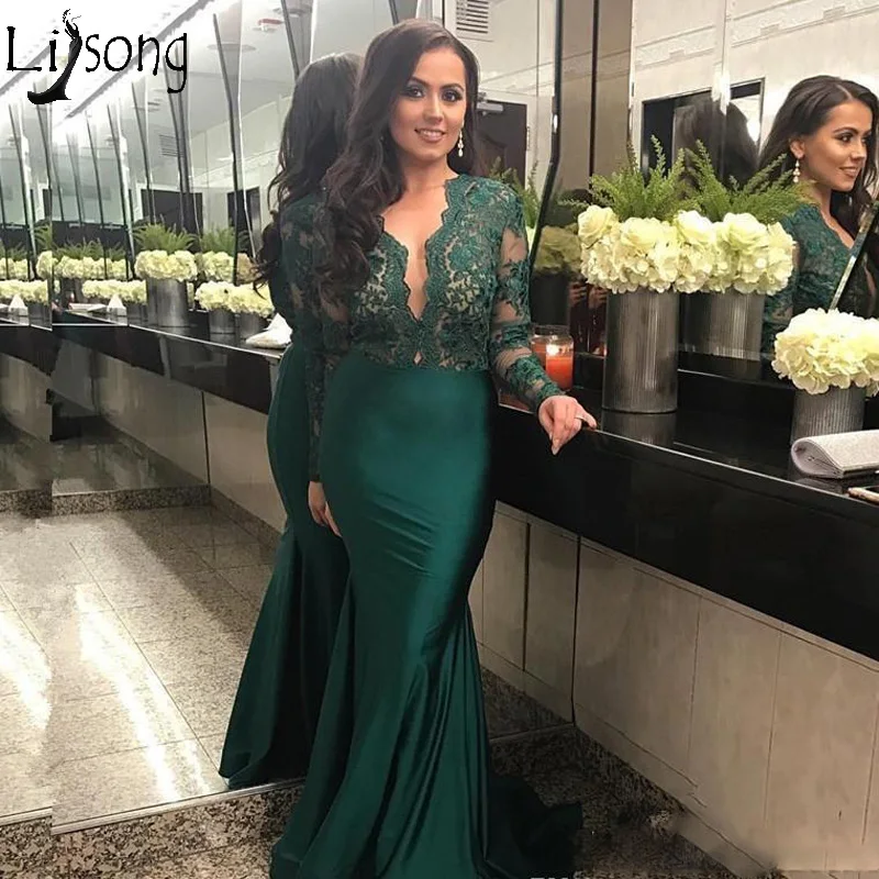 2019 New Mermaid Dark Green Prom Dresses V-Neck Illusion Satin Lace Appliques Long Sleeves Sweep Train Special Occasion Party Evening Gowns139