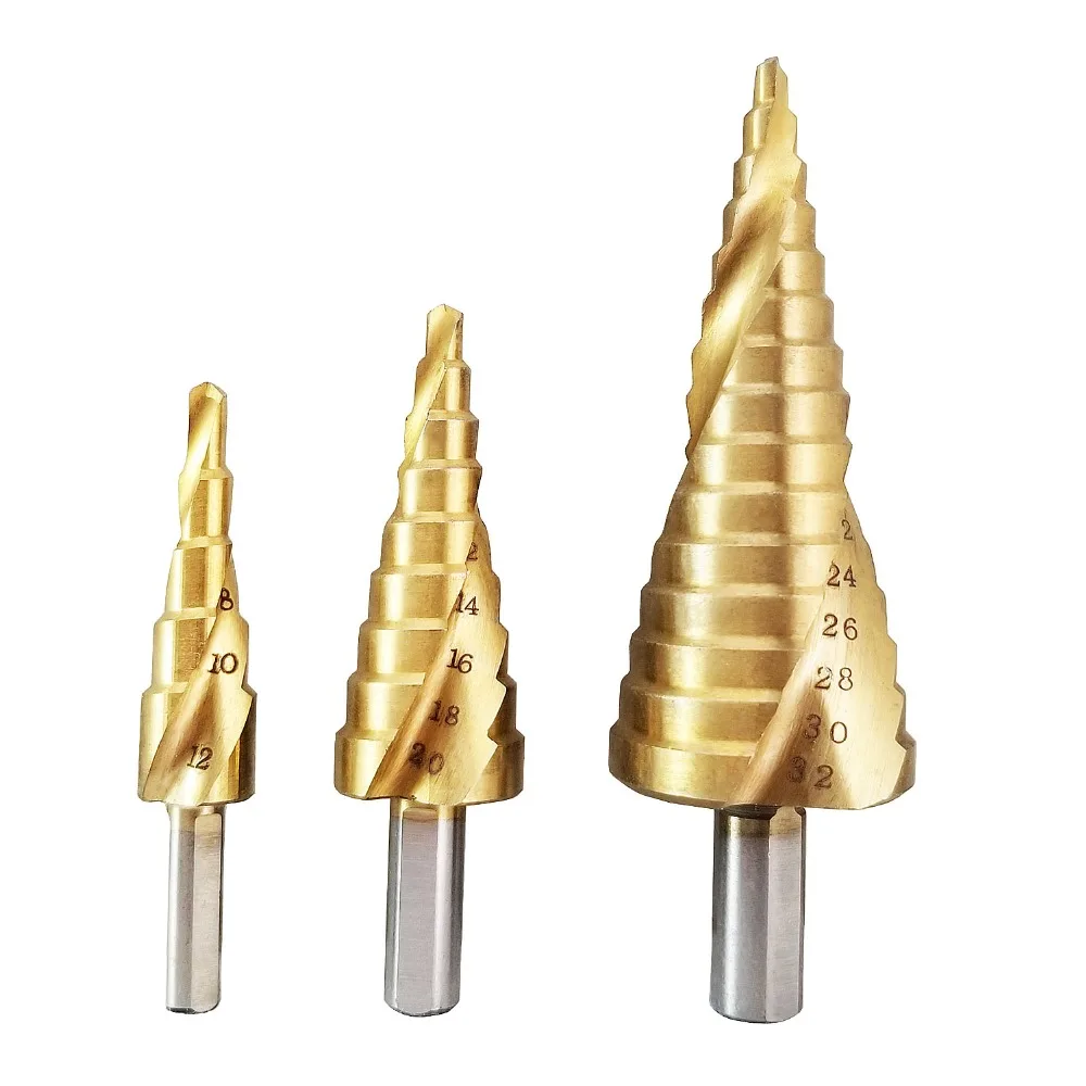 3 Piece Set 30 Step Sizes Titanium Coated Spiral Grooved Taper Point