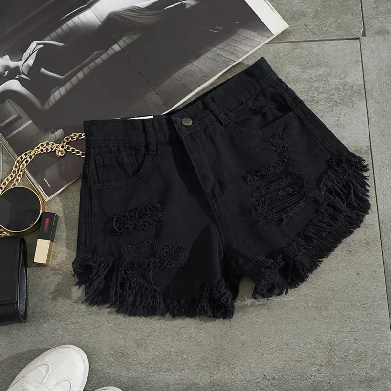 2018 Fashion New Summer Women White Denim Shorts Sexy Hole Ripped Mini Jeans Shorts Women Streetwear Tassel High Waist Shorts Shorts