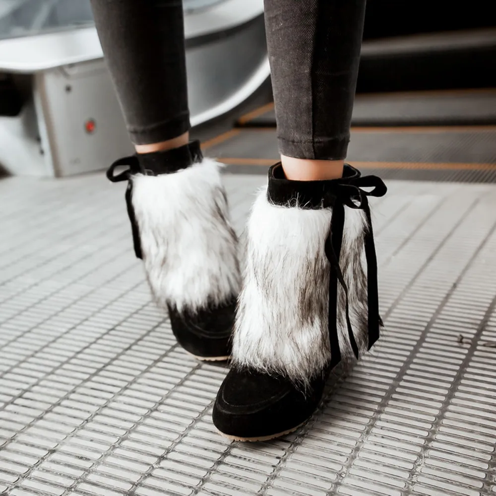 

2019 Women's Short Boots Warm Fur Winter Snow Boot Suede Stylish Fringe Plush Ankle Shoes High Heel Wedges Ethnic Party Botas