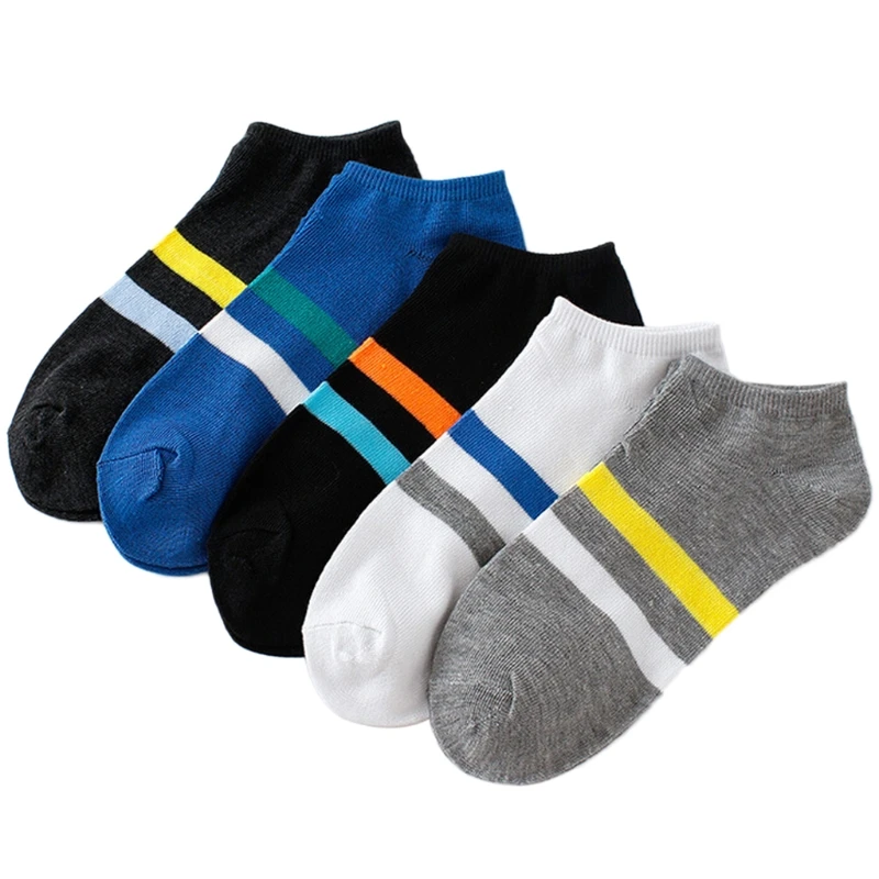 Striped Short Socks for Men 5 Pairs Boys Short Ankle Socks Polyester