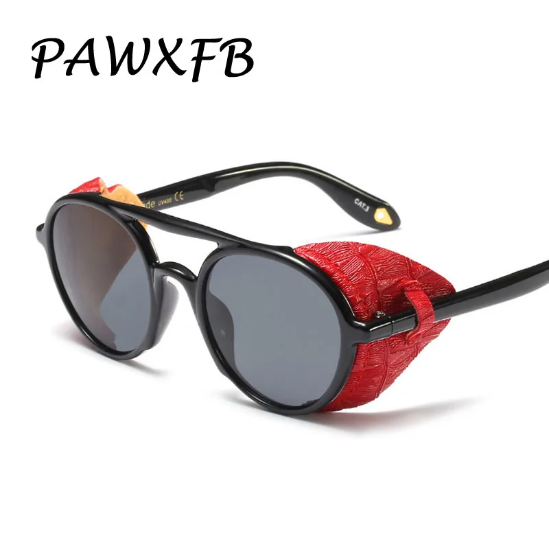 

PAWXFB 2019 New Fashion Steam punk Sunglasses Women Men PU Leather decoration Windproof Frame Sun Glasses Female Gafas de sol