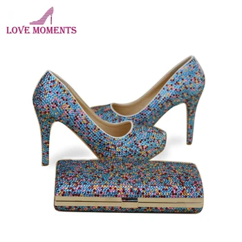 

2018 Handmade Blue Mix Color Crystal Cinderella Prom Party Shoes with Clutch Luxury Crystal Wedding Party High Heels with Bag
