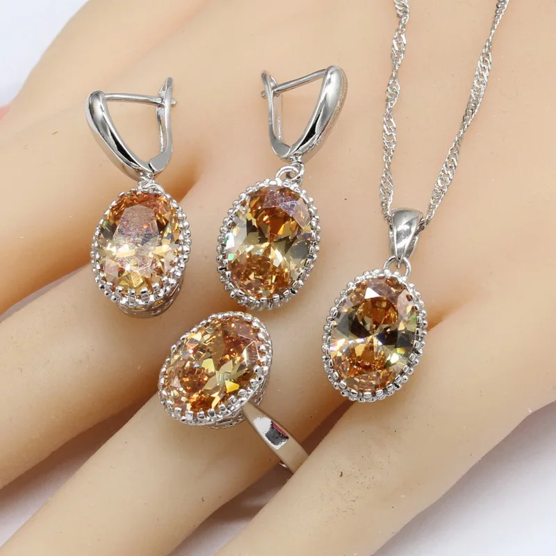 Овальный апельсин фианиты 925 серебряные ювелирные наборы для женщин браслет серьги ожерелье кулон кольца подарочная коробка