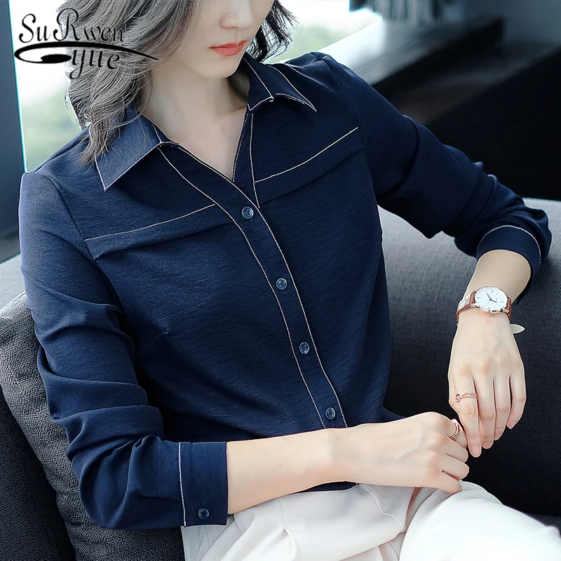 

2018 new arrival autumn women blouse Vcollar novelty design long sleeved Korean style women top dark color chiffon shirt 1089 40