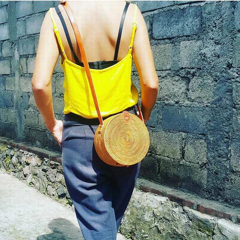 Summer Beach Travel Circle round knitting rattan bags Handmade Women Lady Handbag Leather Shoulder strap crossbody bags baobao